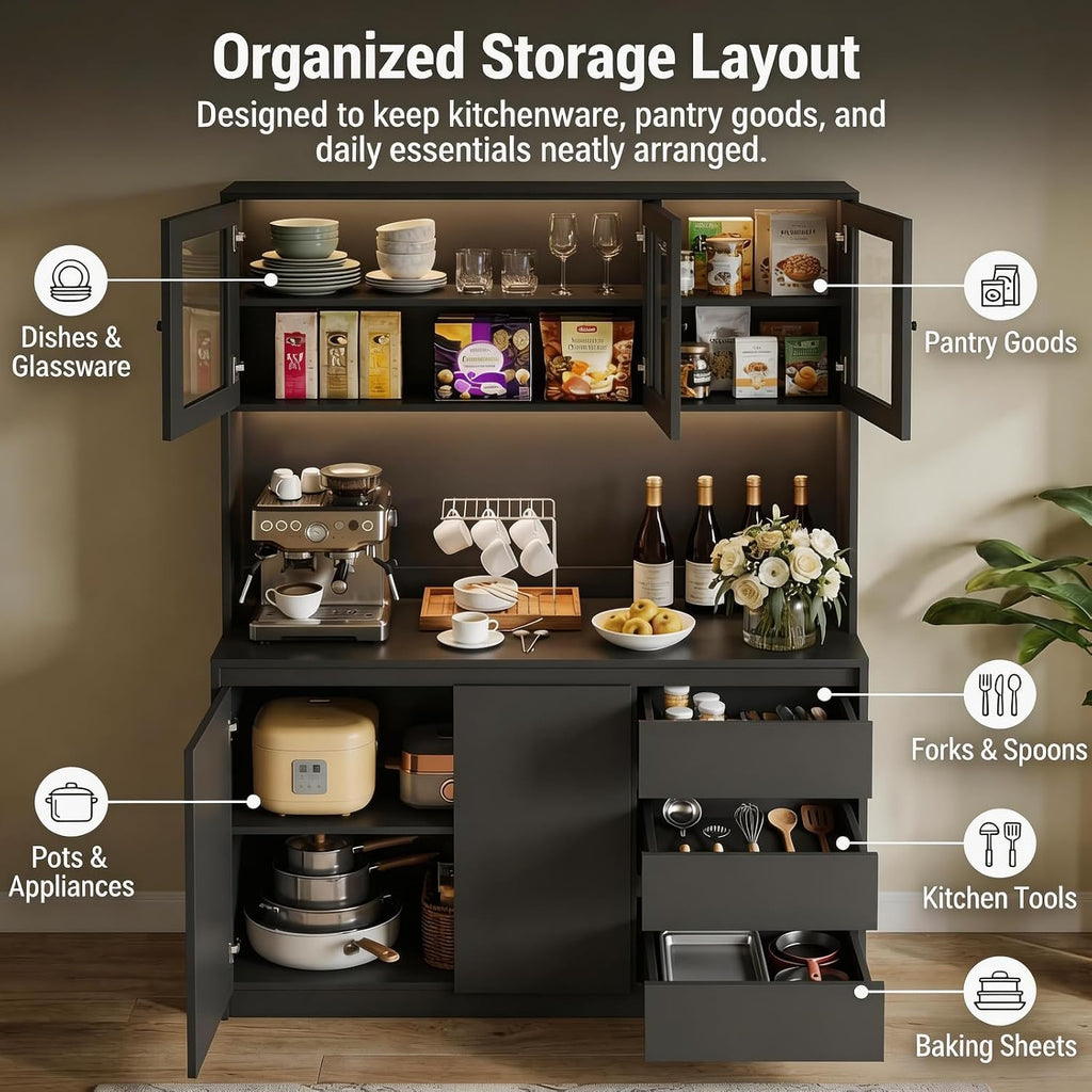 71' Kitchen Pantry Cabinet,Tall Storage Cabinet with Doors & Shelves Adjustable, Kitchen Storage Hutch with Microwave Shelf,Coffee Bar,Led Lights&Charging Station,Corner Pantry Cabinet for Living Room