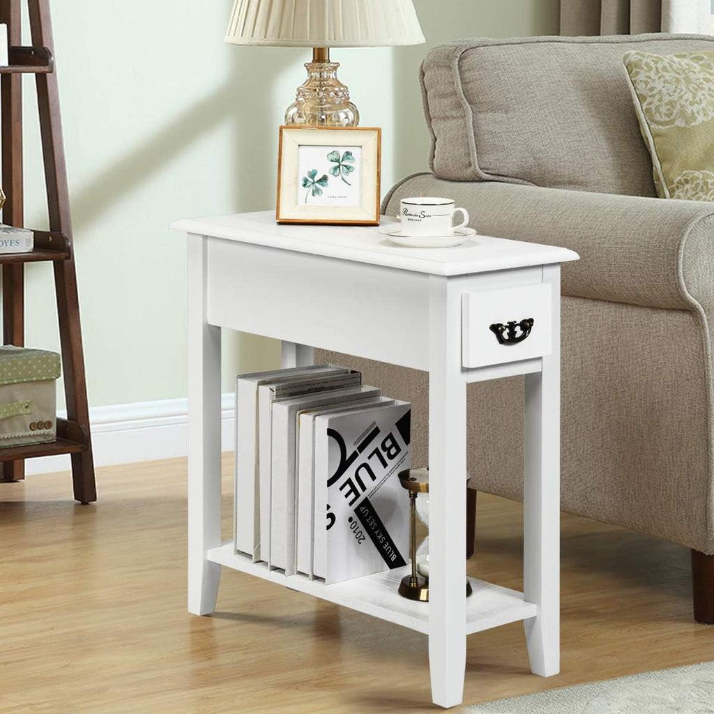 Tangkula Narrow End Table, Wood Small Side Table with Drawer & Open Shelf, Slim Nightstand for Small Spaces, Skinny Bedside Table for Living Room Bedroom, 9.8 x 23.6 x 23.6 Inches