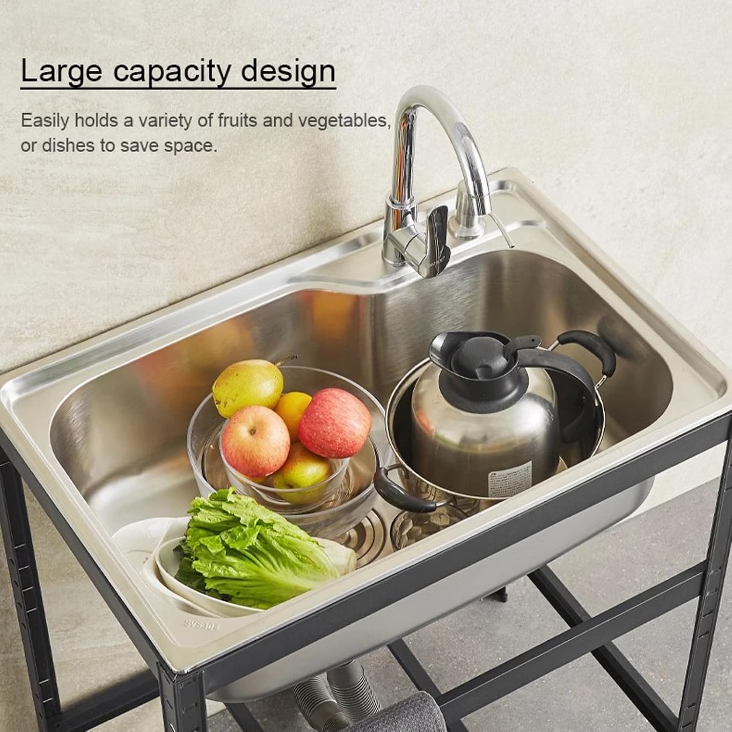 Commercial Sink Freestanding Kitchen Sink Stainless Steel Single Bowl Sink, Black Stand Sink Unit, Large Capacity Utility Sink for Outdoor Indoor Garage Lau(with Faucet-58×43cm