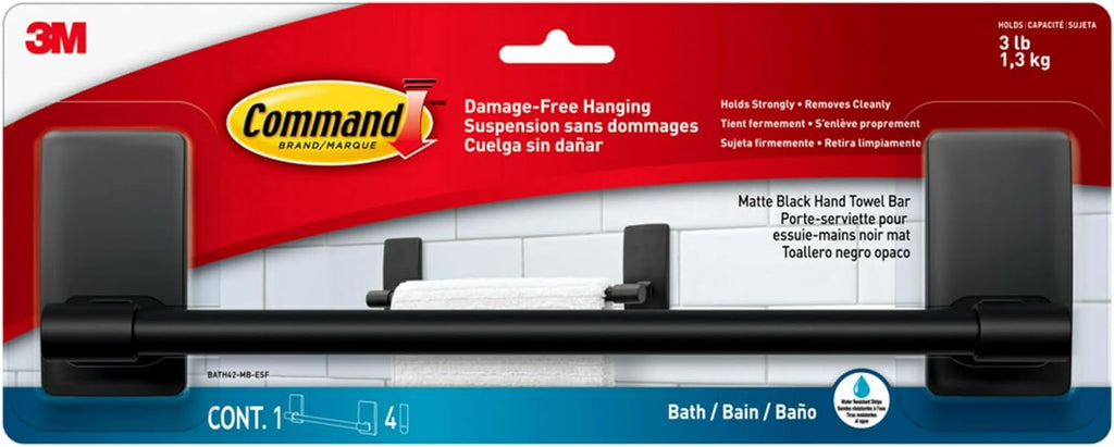 Command Hand Towel Bar Matte Black with Water Resistant Strips,Bathroom Decor,9 in Bar Length Holds up to 3 lbs,(Pack of 8)