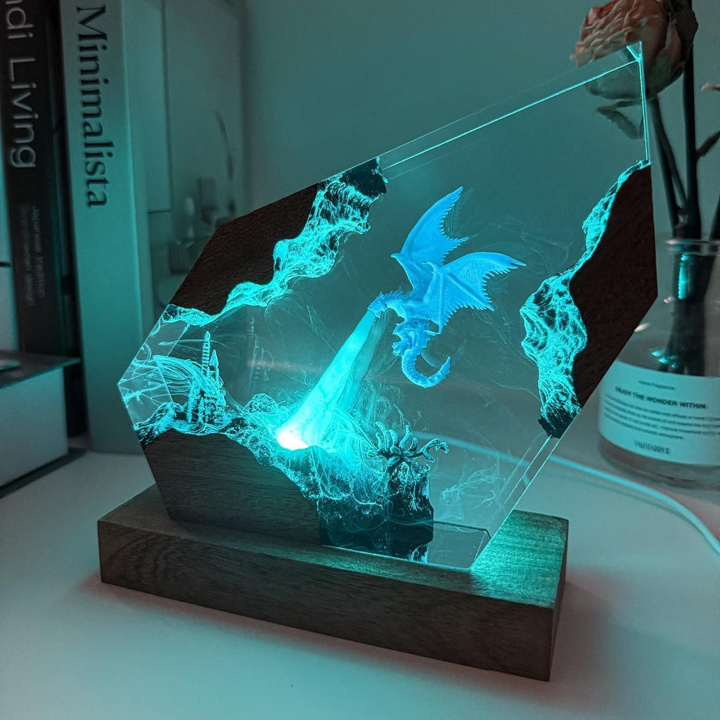 Epoxy Ice Dragon Resin Lamp, Handmade Resin Night Light with USB Port, Multi-Color LED Light, Ideal Home Bedroom Decor, Unique Birthday Holiday Gifts for Father Men Husband Boyfriend Him Kids (10'x6')