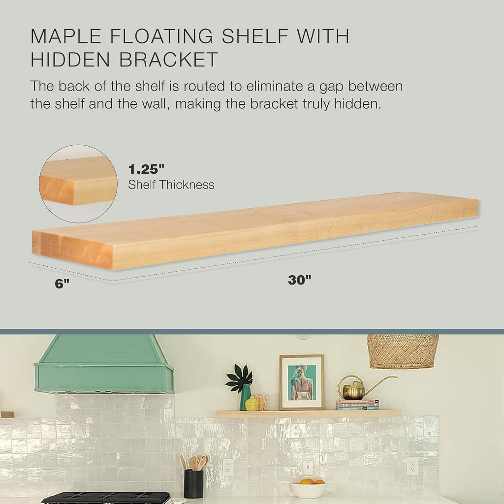 UltraShelf Solid Wood Floating Shelf for Wall Decor, Maple, 30' Long x 6' Deep