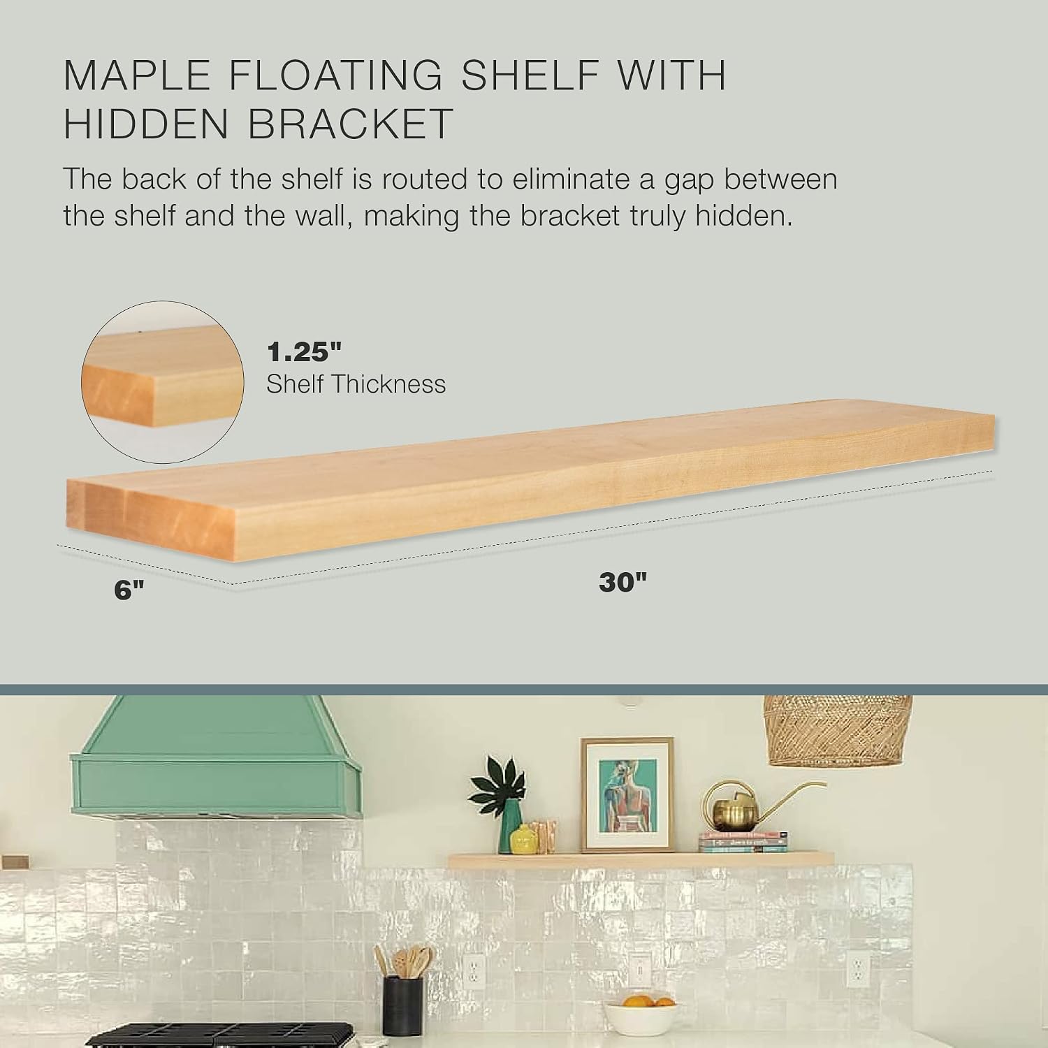 UltraShelf Solid Wood Floating Shelf for Wall Decor, Maple, 30' Long x 6' Deep
