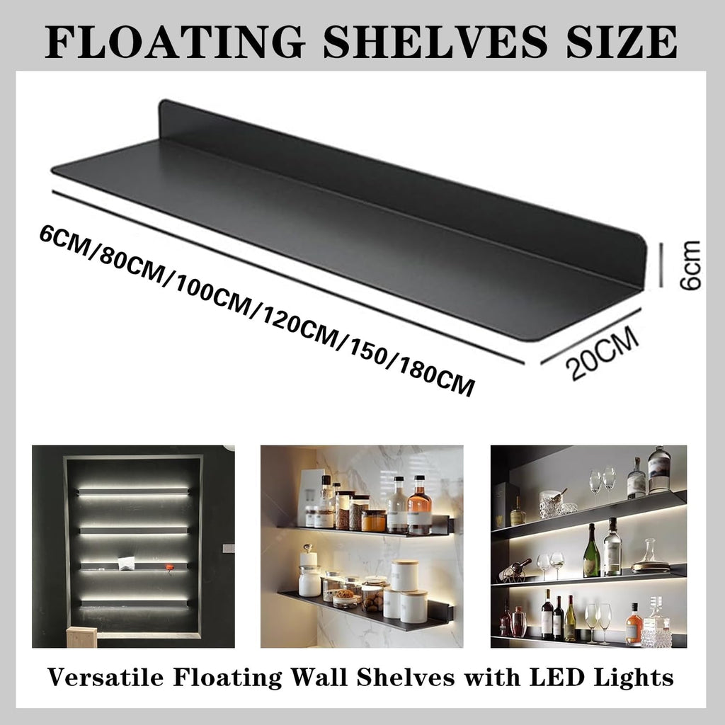 Corner Ledge Wall Shelf,Versatile Black Floating Wall Shelves with LED Lights, 2PCS, Metal Wall Mounted Large Bookshelf, Wall Storage Shelf for Home Decor, Hanging Lighted Display for Bar Ba