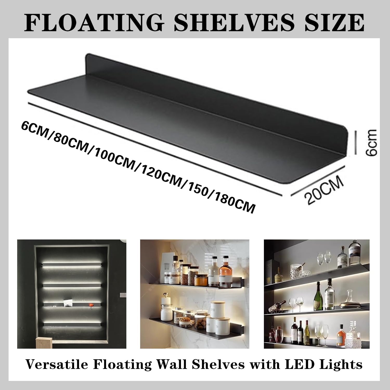 Corner Ledge Wall Shelf,Versatile Black Floating Wall Shelves with LED Lights, 2PCS, Metal Wall Mounted Large Bookshelf, Wall Storage Shelf for Home Decor, Hanging Lighted Display for Bar Ba