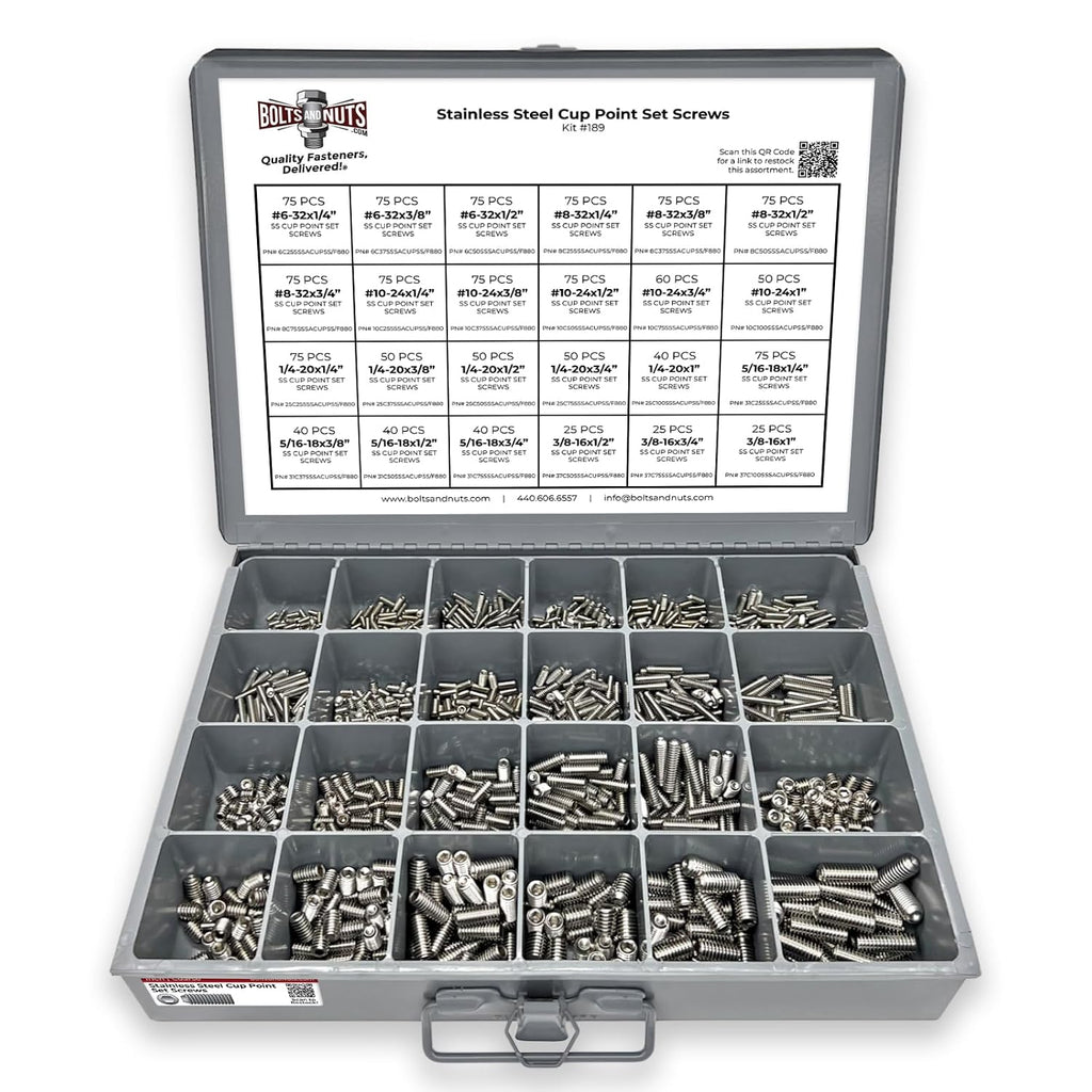 Stainless Steel Cup Point Allen Socket Set Screw Coarse Thread Assortment - 1396 Pieces