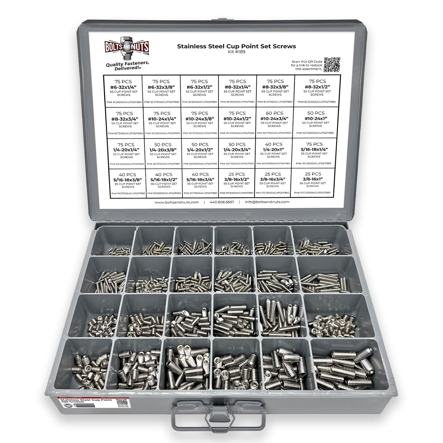 Stainless Steel Cup Point Allen Socket Set Screw Coarse Thread Assortment - 1396 Pieces