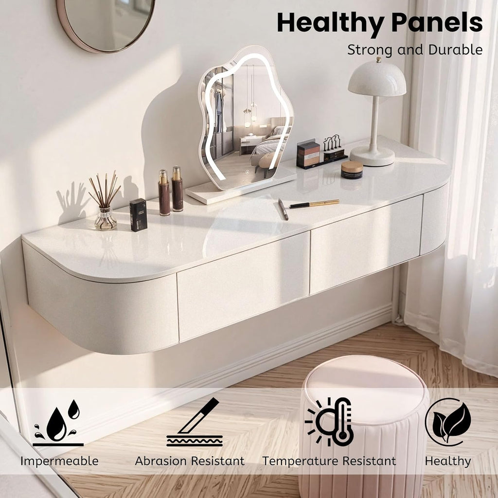 Corner Floating Desk with Drawers, Floating Vanity Makeup Table, Small Wall Mounted Floating Dressing Table Wall Storage Set, Wood Floating Shelf with Drawers, Modern White Vanity with Lighted Mirror(