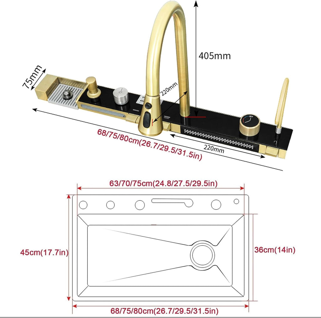 JATIBOSH Undermount Kitchen Sink, Gold Workstation Kitchen Sink Stainless Steel Kitchen Sink, Handmade Deep Single Bowl Sink with Accessories (Size : 68x45cm)