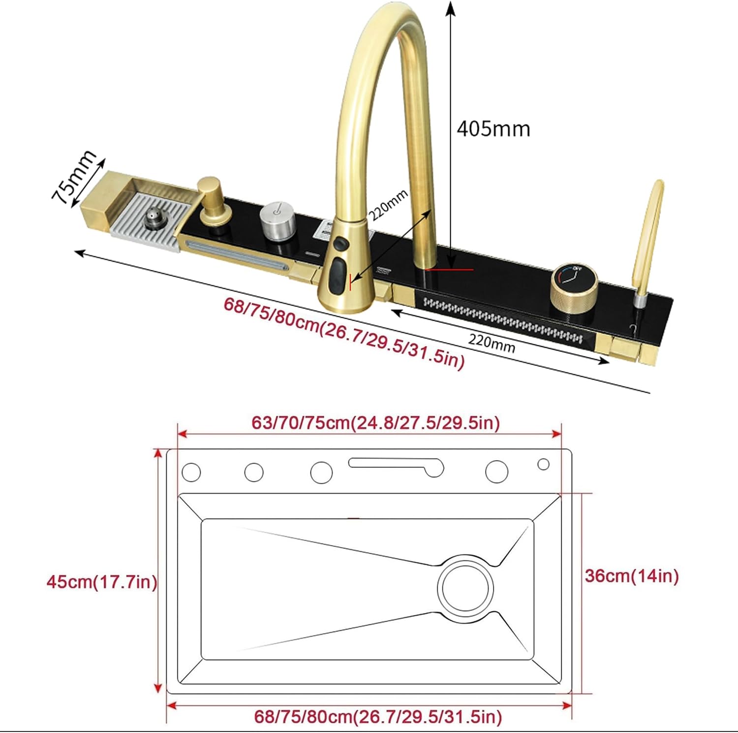 JATIBOSH Undermount Kitchen Sink, Gold Workstation Kitchen Sink Stainless Steel Kitchen Sink, Handmade Deep Single Bowl Sink with Accessories (Size : 68x45cm)