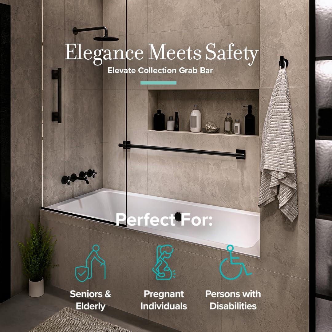 Gatco 942MX Elevate 18' L Grab Bar, Matte Black/ADA Compliant Stainless Steel Safety Grab Bar for Bathroom