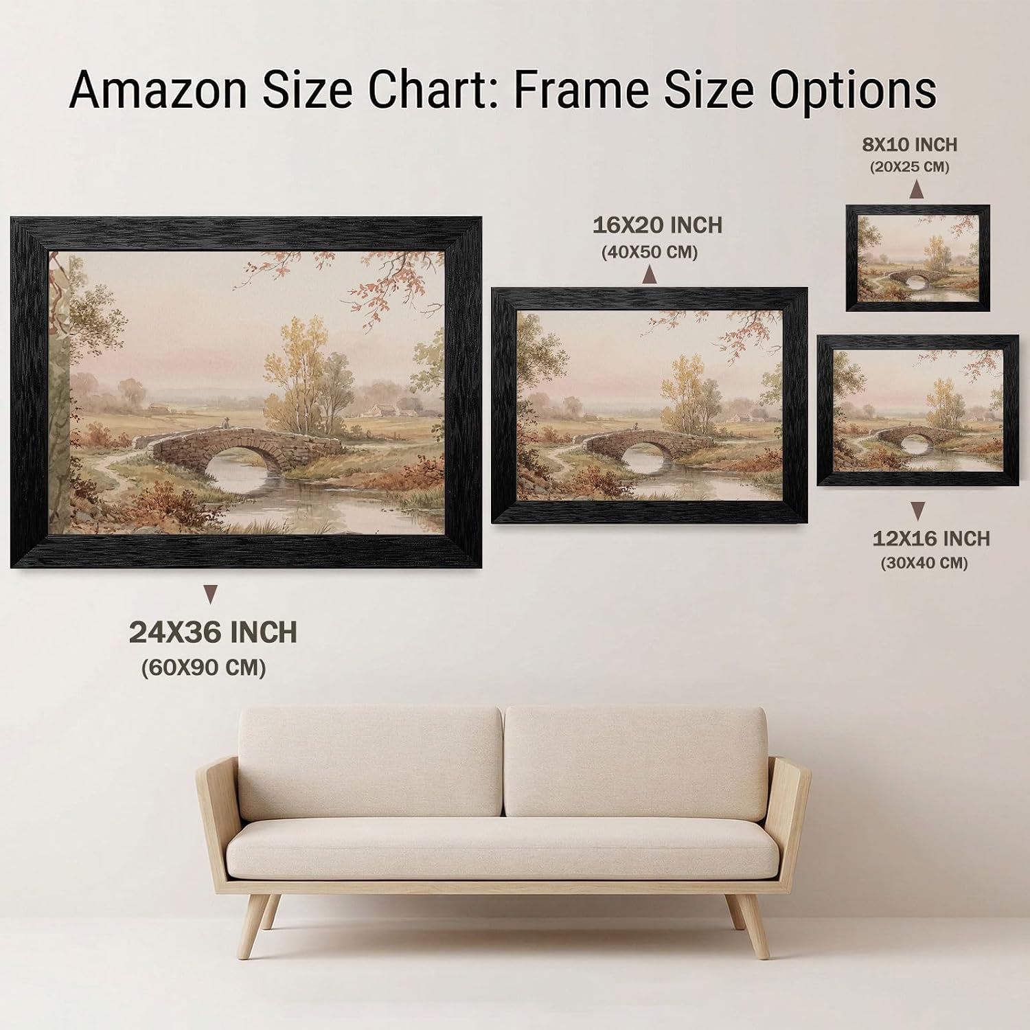 Framed Wall Art - 19th-Century Style Pastoral Landscape Stone Bridge in Black Frame - Vintage Watercolor Aesthetic Home Decor - Premium Art Print - 24x36 Inch