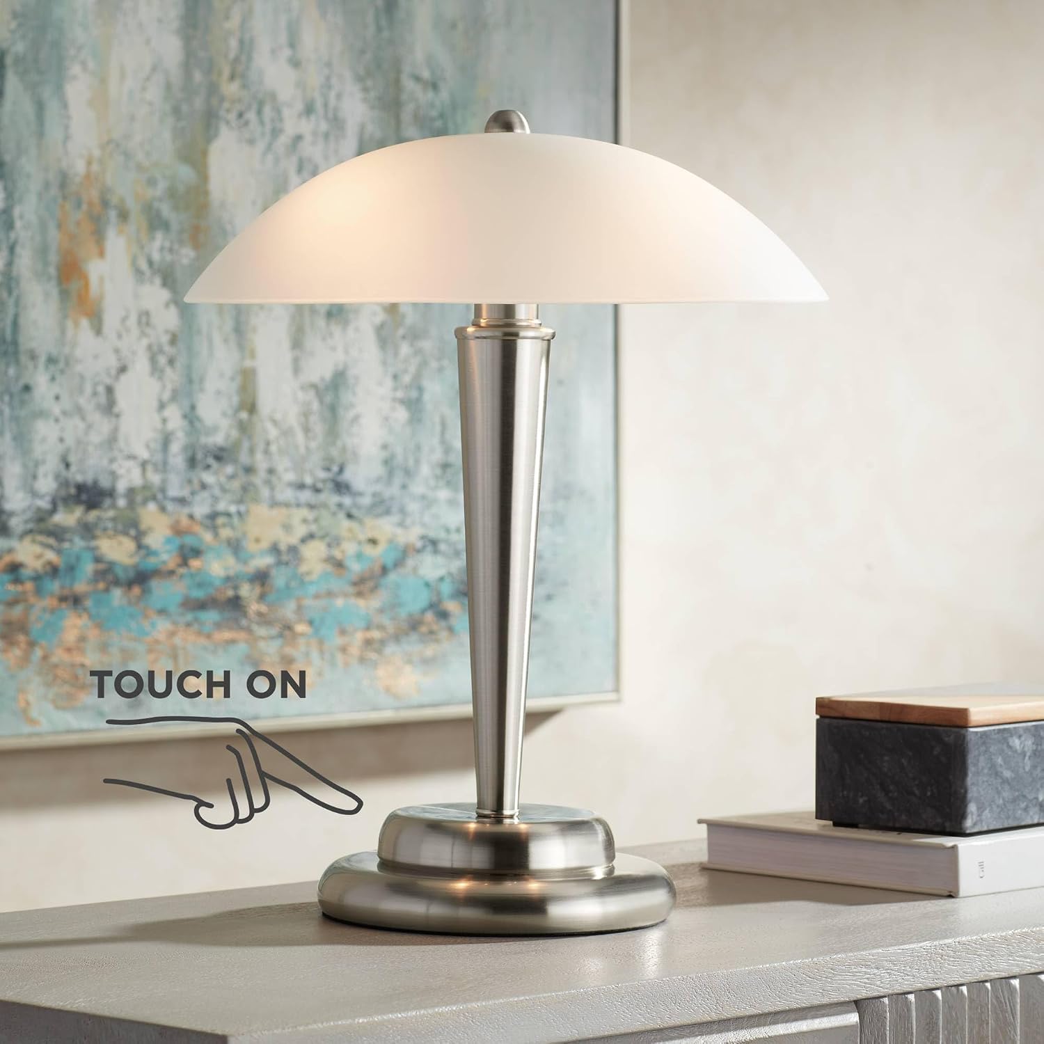 360 Lighting Deco Dome Modern Desk Table Lamp 17' High Touch On Off Brushed Nickel White Frosted Glass Shade for Living Room Bedroom House Bedside Nightstand Home Office Reading Family