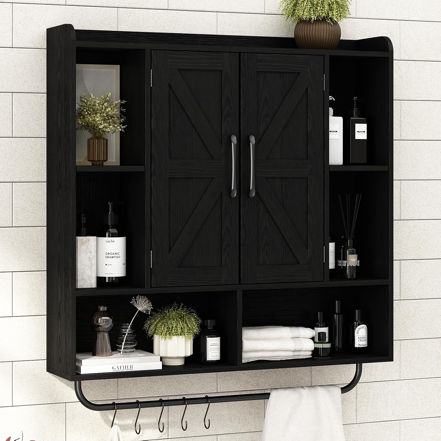 RUSTOWN Rustic Wood Wall Bathroom Cabinet, Farmhouse Medicine Cabinet Wall Mounted, Space Saving Wall Storage Cabinet with 2 Barn Door, 3-Tier Adjustable Shelves and Towel Bar (Black)