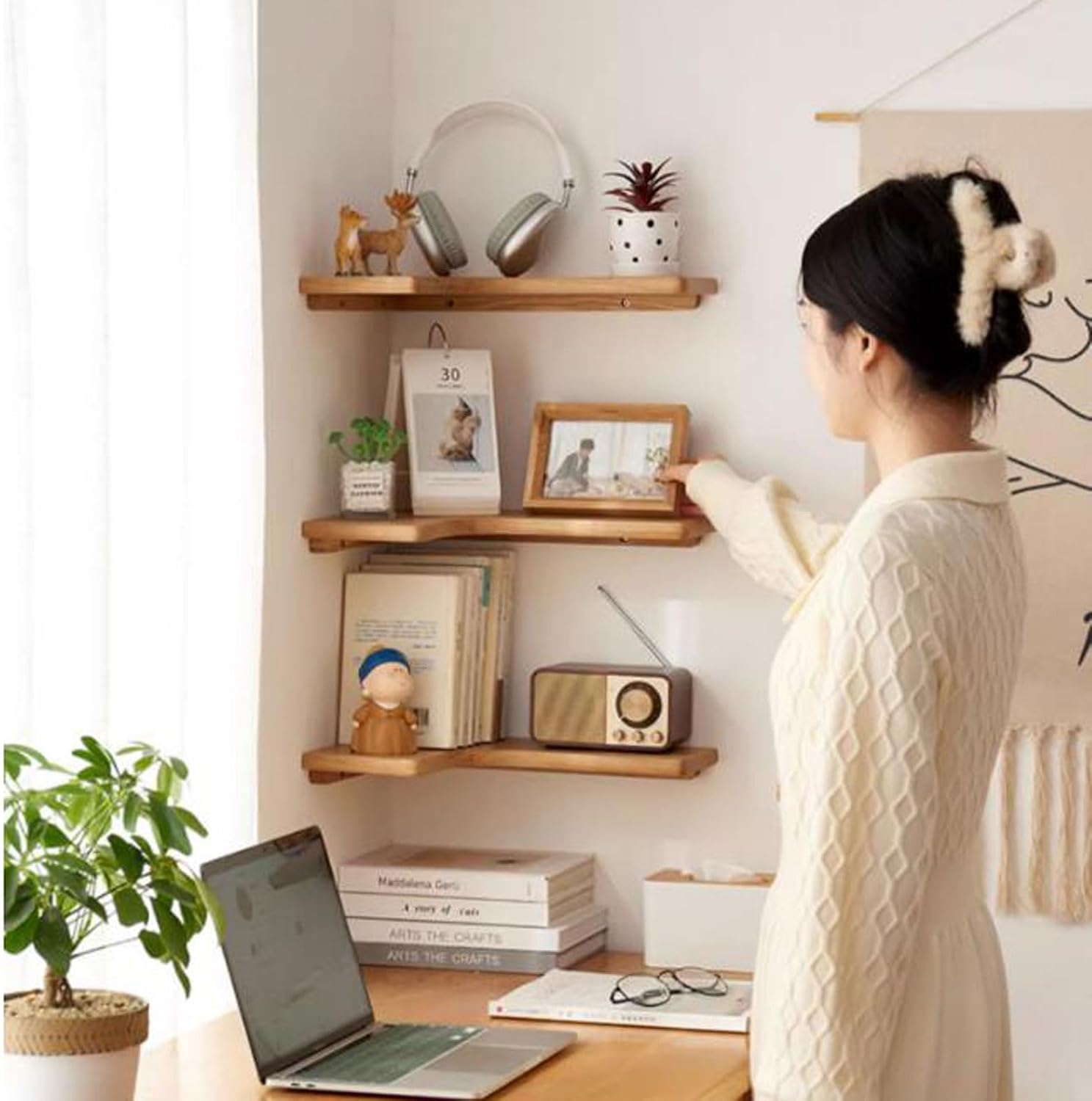 Wall Shelf Solid Wood Corner Floating Shelves Wall Mounted Set of 3, L Shape Wood Display Storage Wall Shelves Rack for Living Room, Bedroom, Office, Bathroom Kitchen & D(Nature A-3pcs-One Size)