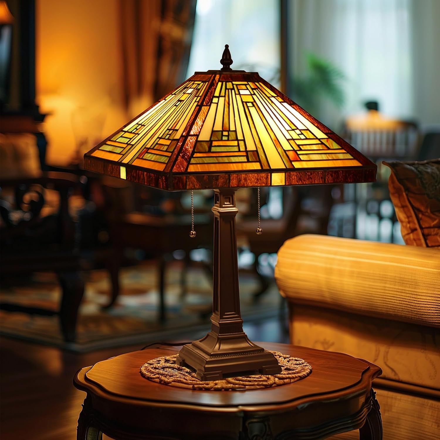 Capulina Tiffany Lamp Stained Glass Table Lamp 16X16X24 Inches Amber Brown Mission Tiffany Style Desk Lamp Decor for Bedrooms Living Room Study Home Office