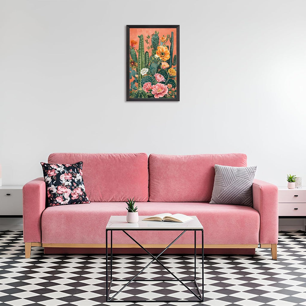 Black Framed Flat Retro Desert Landscape Poster Boho Cactus And Floral Canvas Wall Art Colorful Succulents Vibrant Blooms Prints Painting For Home Bedroom Dorm Wall Decor 24x36in Black Framed Flat