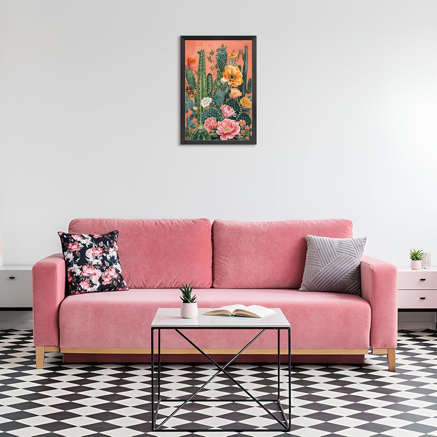 Black Framed Flat Retro Desert Landscape Poster Boho Cactus And Floral Canvas Wall Art Colorful Succulents Vibrant Blooms Prints Painting For Home Bedroom Dorm Wall Decor 24x36in Black Framed Flat