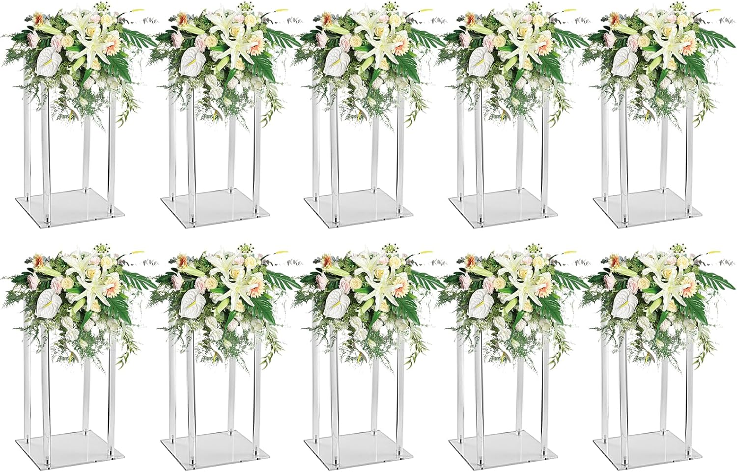 10 Pcs Acrylic Clear Vases for Wedding Centerpieces, 15.75' Tall Flower Stand, Engagement Home Party Table Decor Centerpiece Vases, Rectangular Acrylic Flower Stand with 50 Pcs Gold Napkin Rings