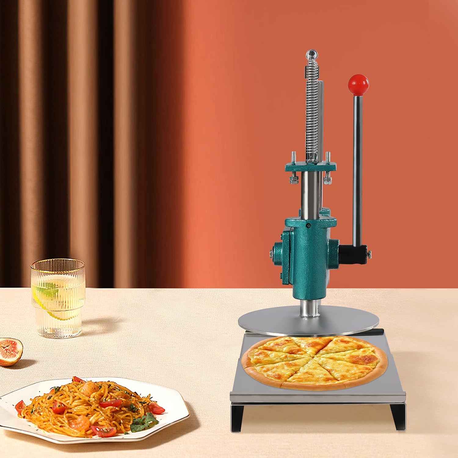 Pizza Dough Press Machine, Manual Pastry Press Machine, Adjustable Height Stainless-Steel Dough Presser for Household, Commercial, Hand Pie, Meatloaf, Pizza Crusts, Soft Roll (9.5in)
