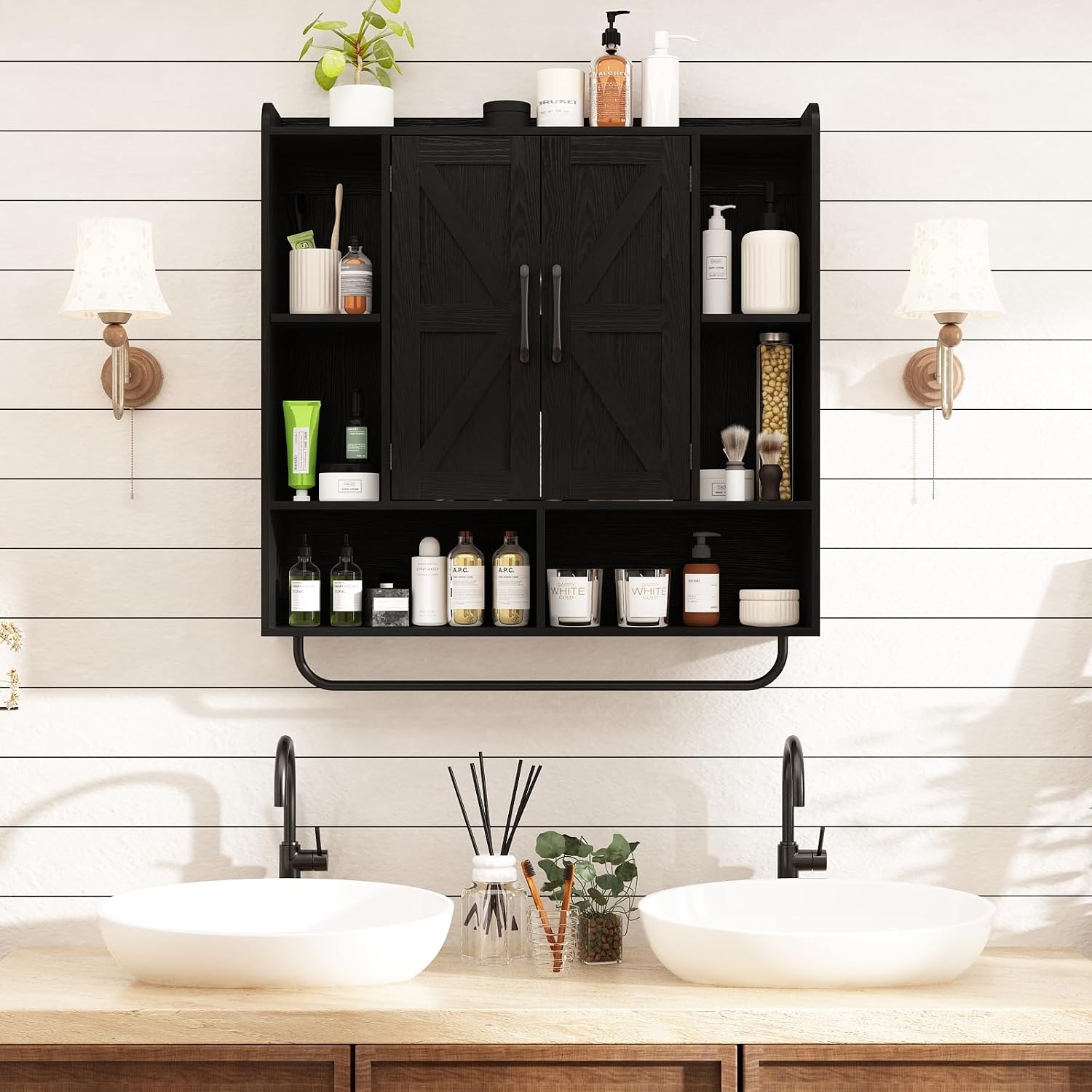 RUSTOWN Rustic Wood Wall Bathroom Cabinet, Farmhouse Medicine Cabinet Wall Mounted, Space Saving Wall Storage Cabinet with 2 Barn Door, 3-Tier Adjustable Shelves and Towel Bar (Black)