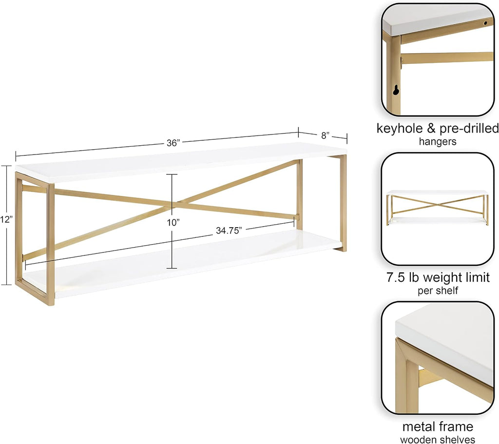 Kate and Laurel Ascott Modern Glam Rectangle Floating Shelf; 36 x 12; White and Gold; Versatile 2-Tier Wide Wall Shelf for Living Room or Bedroom Display or Storage