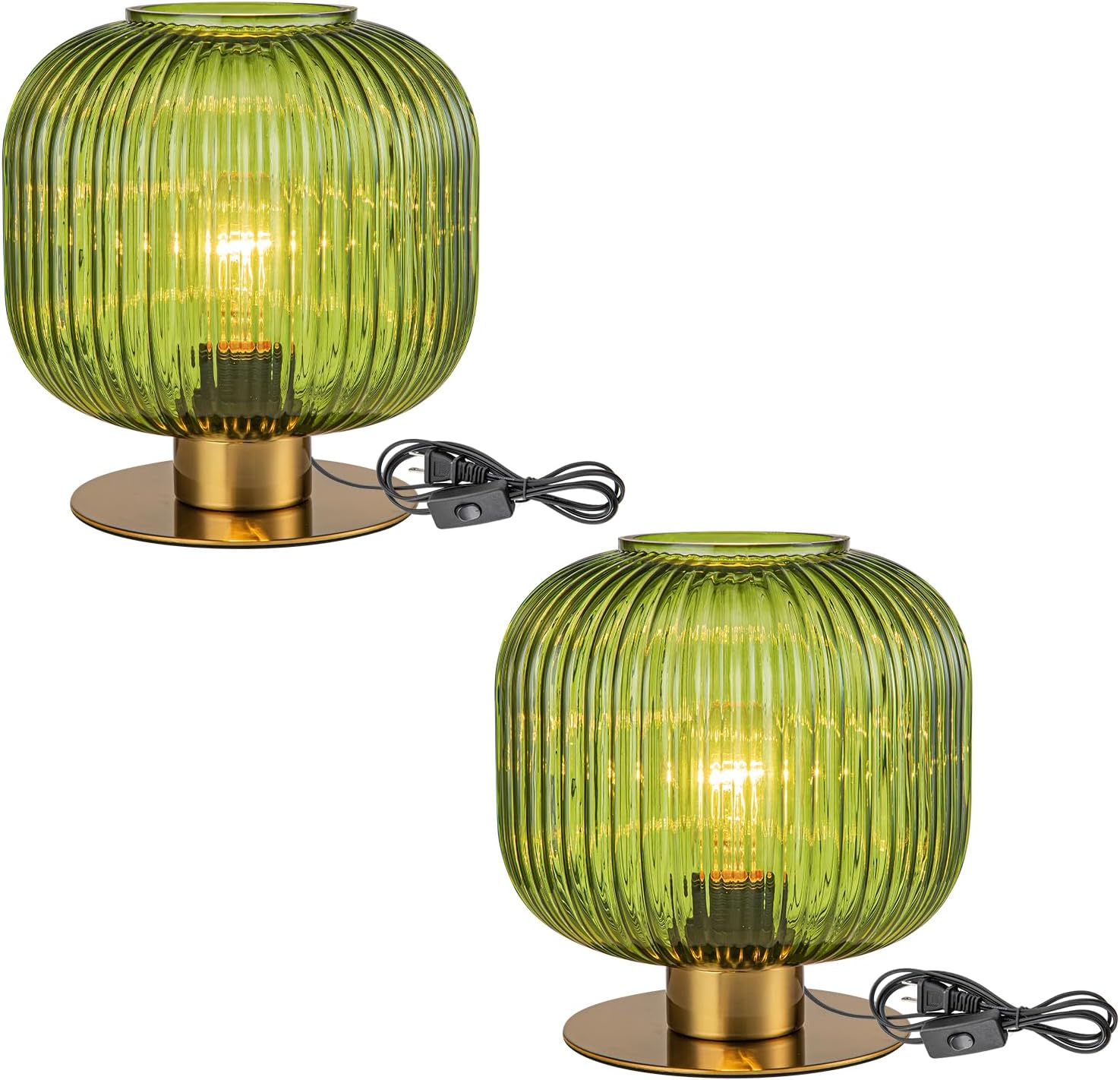 Green Table Lamp Glass Globe Table Lamp Mid Century Modern Small Bedside Lamp Gold Nightstand Lamp Vintage Decorative Brass Desk Lamp for Bedroom Living Room Study Corner Bookshelf (Set of 2)