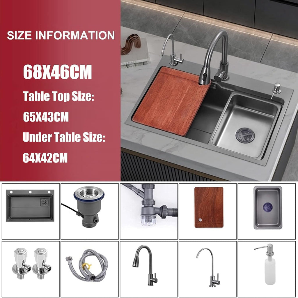 JATIBOSH Kitchen Sink Stainless Steel Round Corner Drop in Topmount Kitchen Sink Basin Undercounter Installation Single Bowl Sink (Size : 68x46cm)