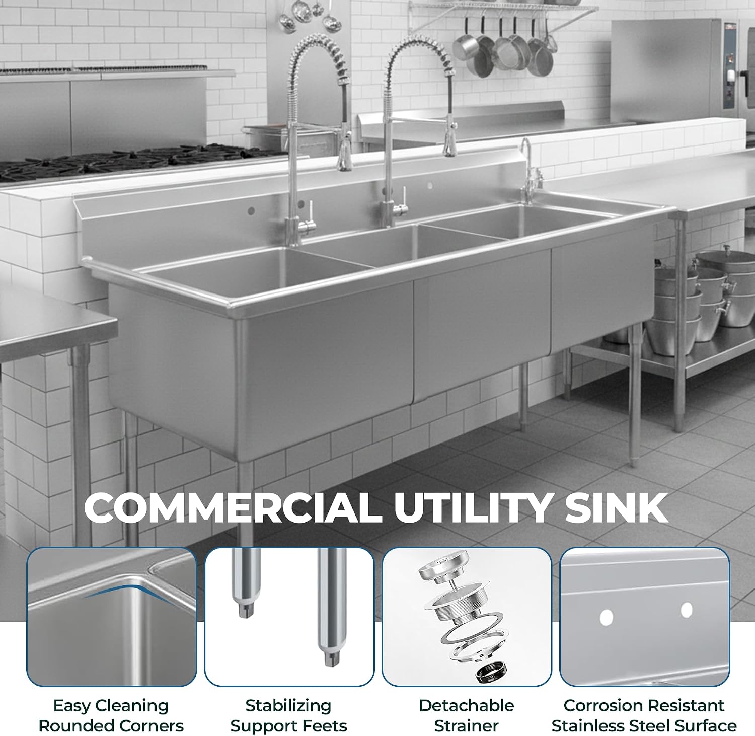 Three Compartment Stainless Steel Commercial Kitchen Prep & Utility Sink | Bowl Size 24' x 24' X 14' | NSF Certified (Size 78' x 30' x 43')