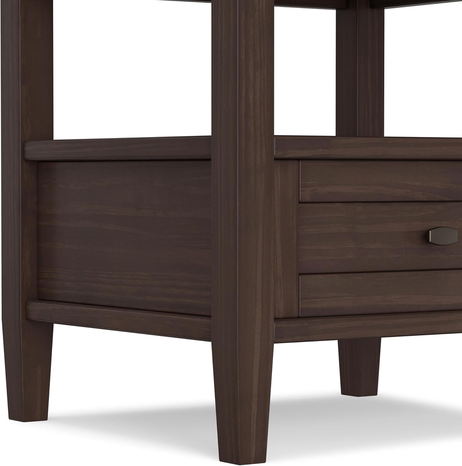 SIMPLIHOME Warm Shaker End Table - 20' Wide x 20' High Solid Wood Side Table in Warm Walnut Brown, Transitional Accent Table for Living Room or Bedroom with Drawer, Open Shelf and Square Tapered Legs