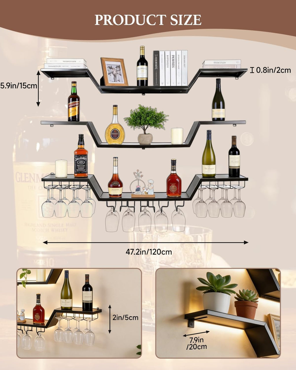 47.2 in Wall Mounted Wine Rack with Glass Holder,3-Tier | LED Light Floating Bar Shelves ,Wave Design, DIY Combinable, Heavy-Duty Metal Display for Home Bar, Cafe Decor