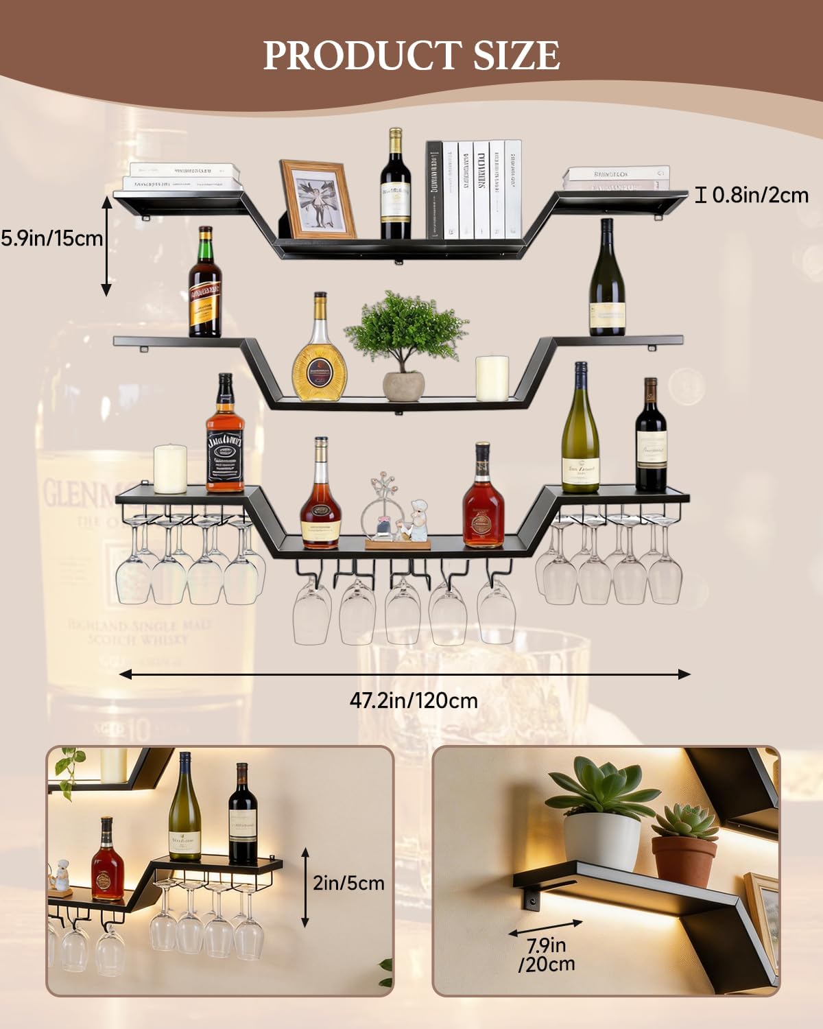 47.2 in Wall Mounted Wine Rack with Glass Holder,3-Tier | LED Light Floating Bar Shelves ,Wave Design, DIY Combinable, Heavy-Duty Metal Display for Home Bar, Cafe Decor