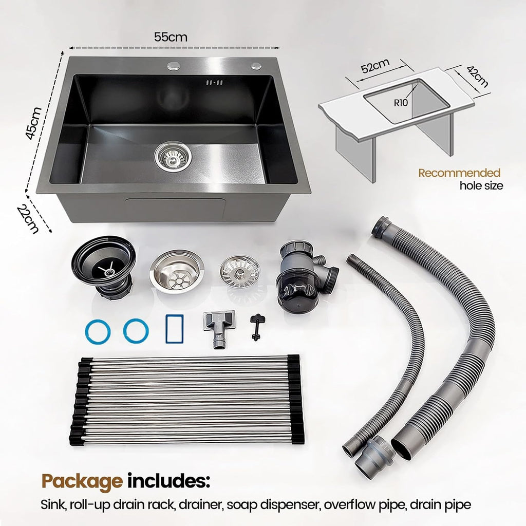 Stainless Steel Kitchen Sink, Small Single Bowl Sink, Topmount Compact Bar/Utility Sink With Tap Hole, Overflow & Drainer Kit, For Bar, Pub, RV, Campervan, Basement, Outdoor Use(Black,55x45cm)