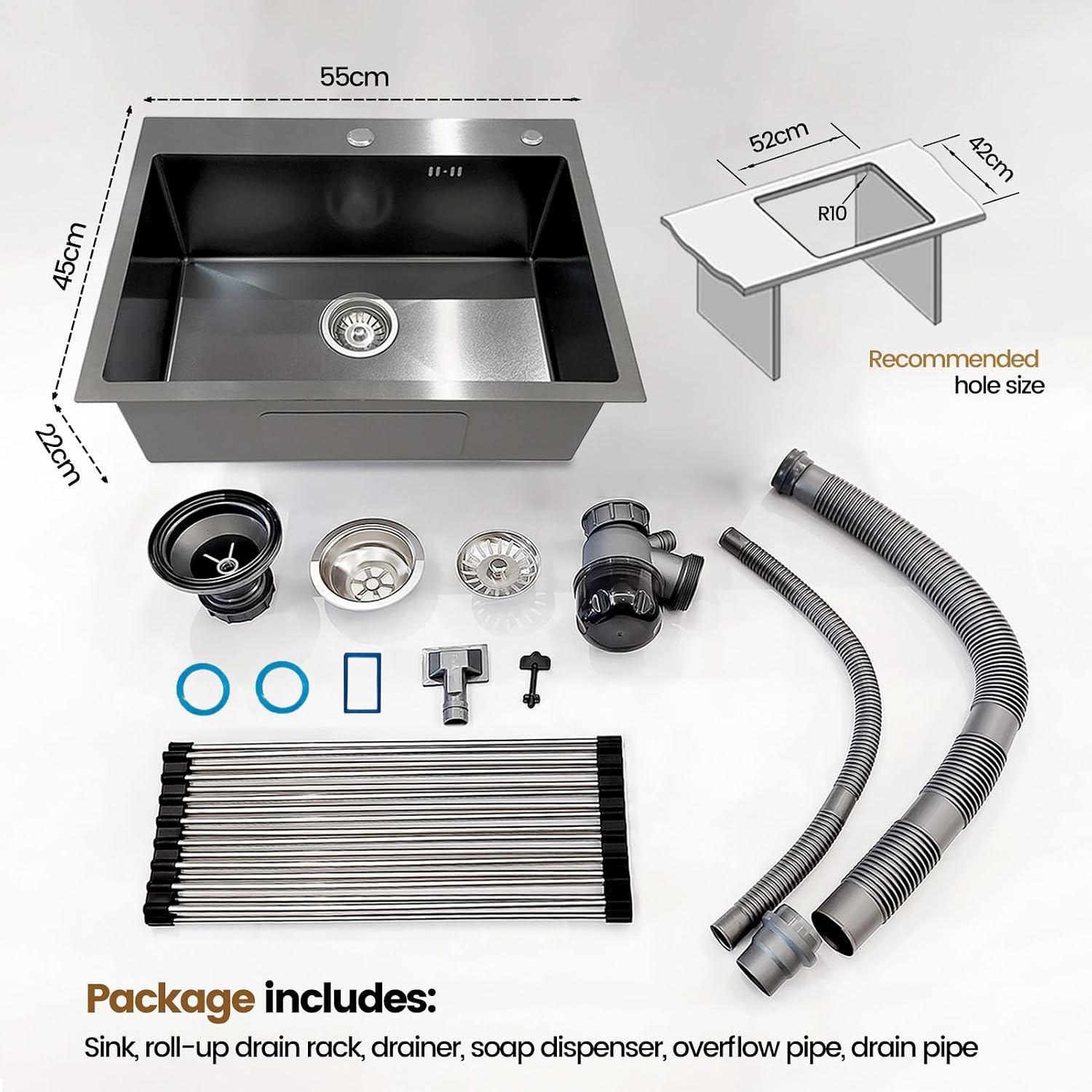 Stainless Steel Kitchen Sink, Small Single Bowl Sink, Topmount Compact Bar/Utility Sink With Tap Hole, Overflow & Drainer Kit, For Bar, Pub, RV, Campervan, Basement, Outdoor Use(Black,55x45cm)