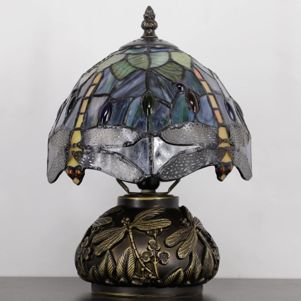 Small Tiffany Lamp Mini Stained Glass Table Lamp Brown Yellow Dragonfly Style Mushroom Desk Light Memory Sympathy Lamp 8X11 Inch