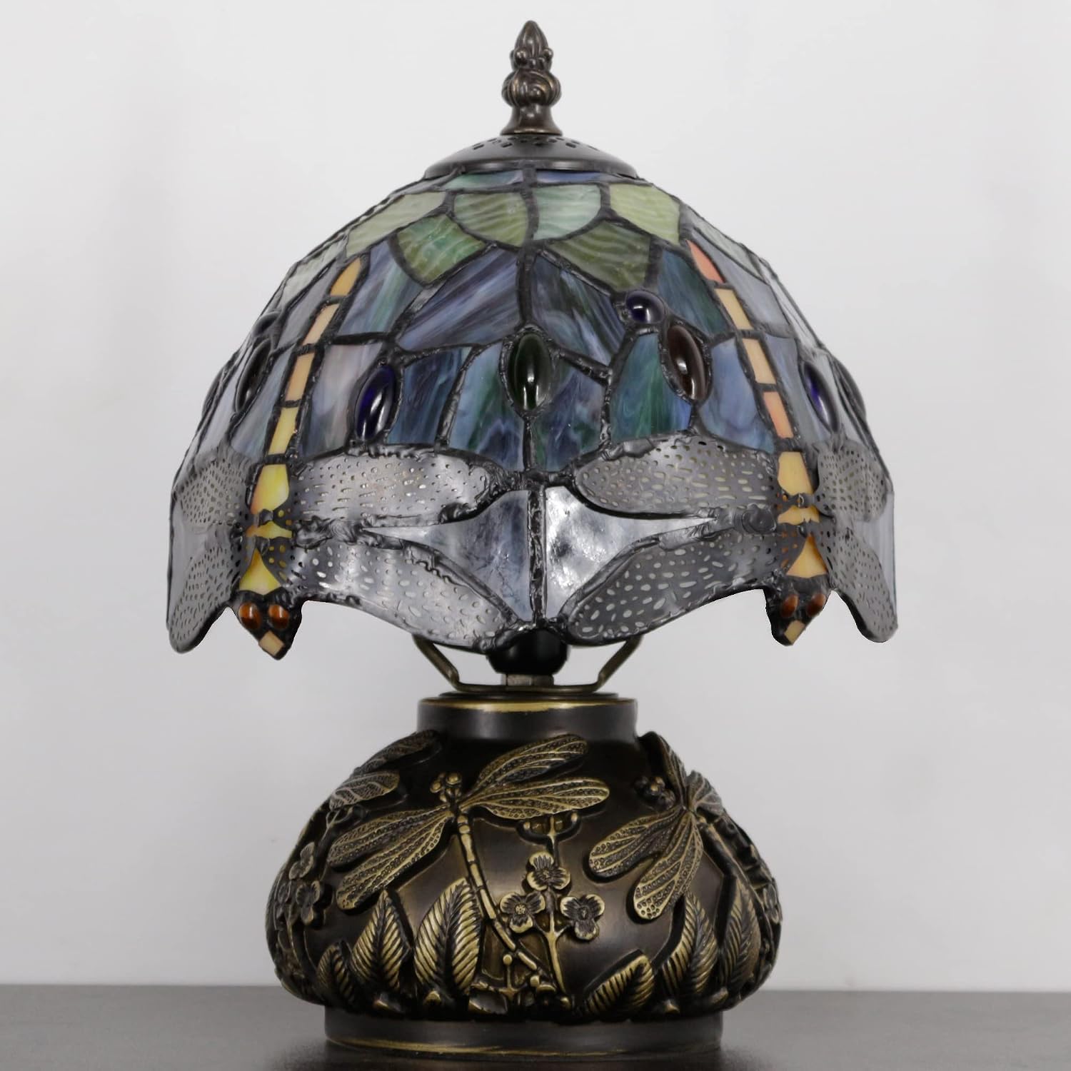 Small Tiffany Lamp Mini Stained Glass Table Lamp Brown Yellow Dragonfly Style Mushroom Desk Light Memory Sympathy Lamp 8X11 Inch