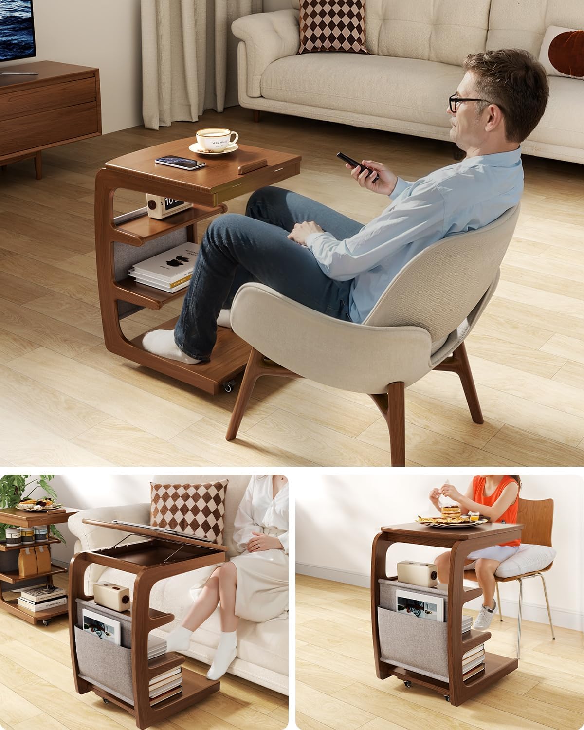 AQIMUELE Rolling Side Table, C Shaped End Table, C Table with 4 Wheels Solid Wood Small Rolling Desk with Adjustable Desktop,C Shaped End Table for Couch(15.6' D x 15.7' W x 24.3' H