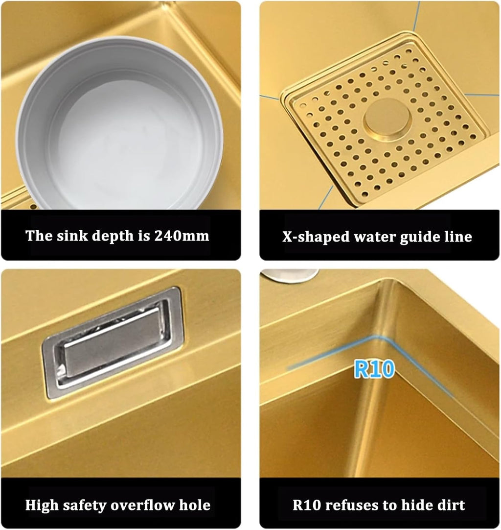 Golden Kitchen Sink Double Bowl Sink 304 Stainless Steel Sink Large Capacity Sink Gold Faucet Complete Accessories (78x46x24cm