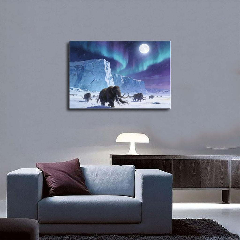 Aurora Mammoth Wall Art Print, Ice Age Prehistoric Scene Under Northern Lights And Full Moon, Fantasy Winter Poster 24x36inch(60x90cm)