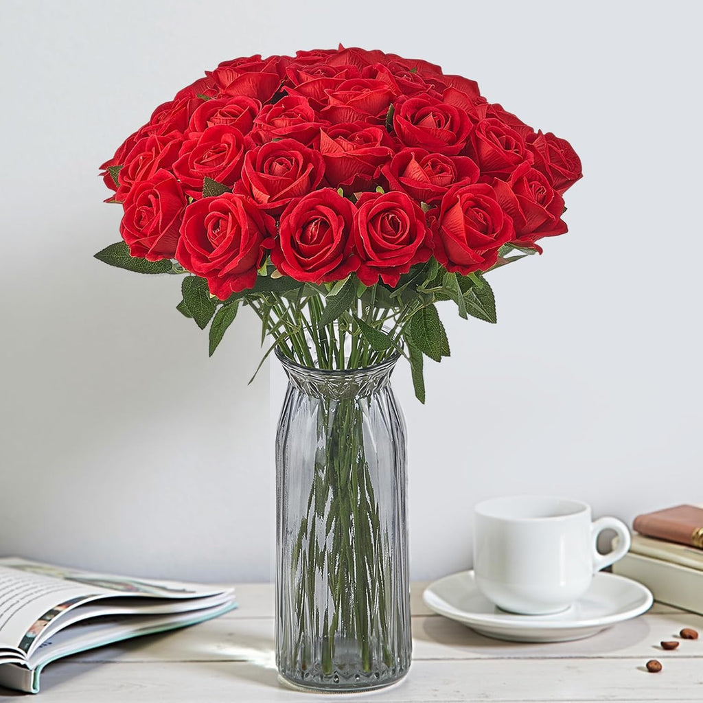 VEVOR Artificial Flowers, 500 pcs Real Looking Red Foam Fake Roses Bulk, Faux Red Bridal Shower with Stems for DIY Wedding Bouquets, Home Centerpieces Arrangements, Party Tables Decorations