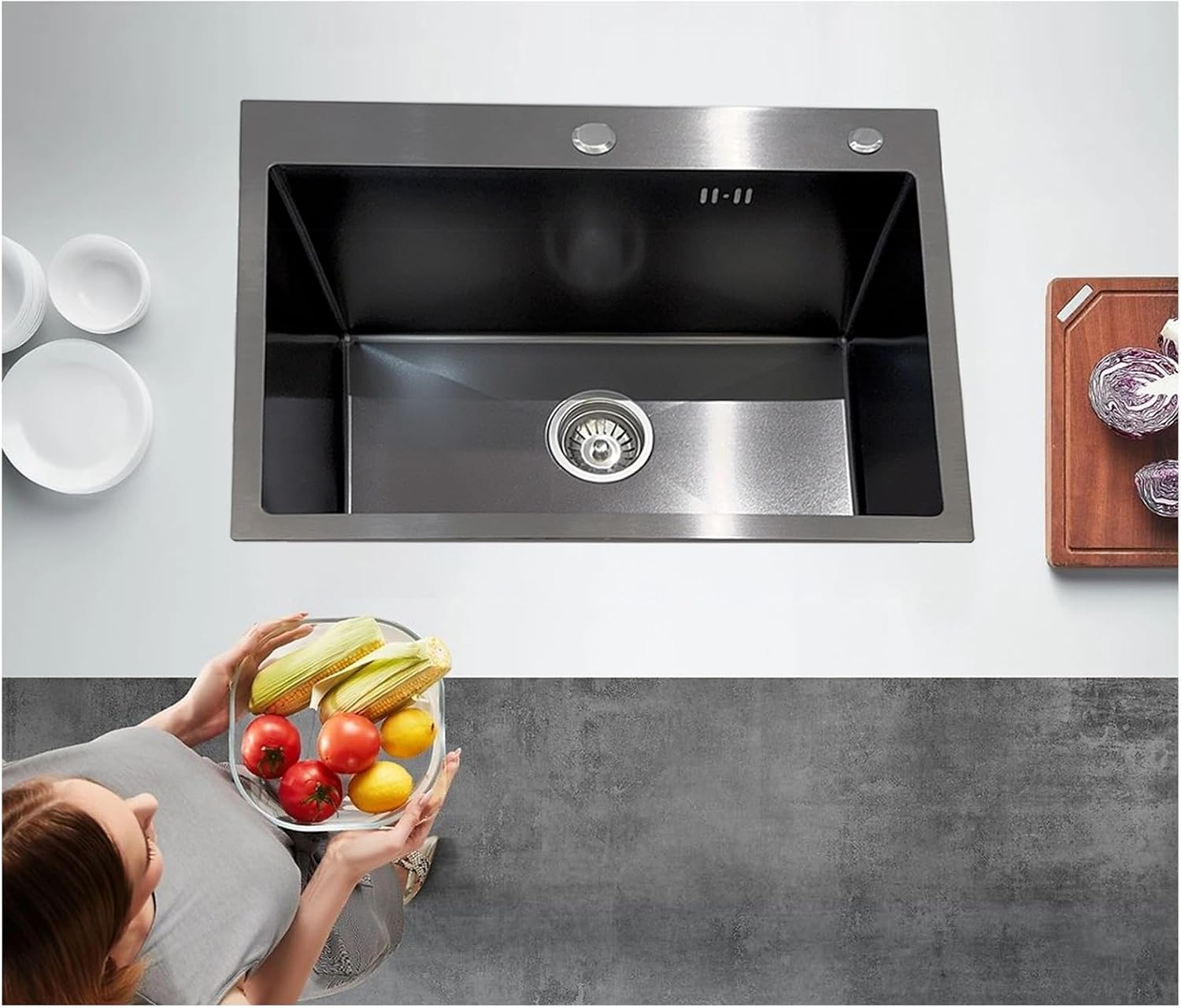 Stainless Steel Kitchen Sink, Small Single Bowl Sink, Topmount Compact Bar/Utility Sink With Tap Hole, Overflow & Drainer Kit, For Bar, Pub, RV, Campervan, Basement, Outdoor Use(Black,55x45cm)