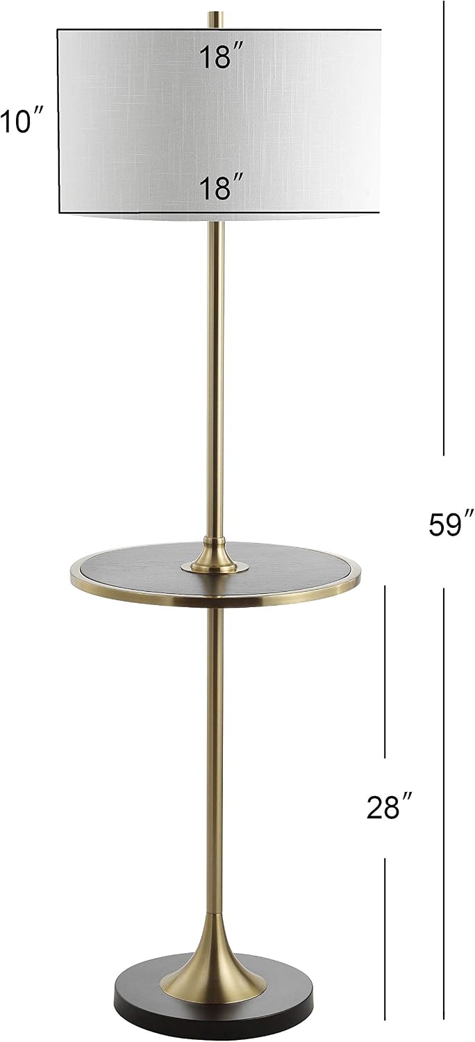 JONATHAN Y 59' Black/Brass Gold Floor Lamp with Integrated Wood Side Table, Contemporary Metal Standing Lamp for Living Room, White Linen Shade, LED Bulb Included, UL Listed JYL3056A