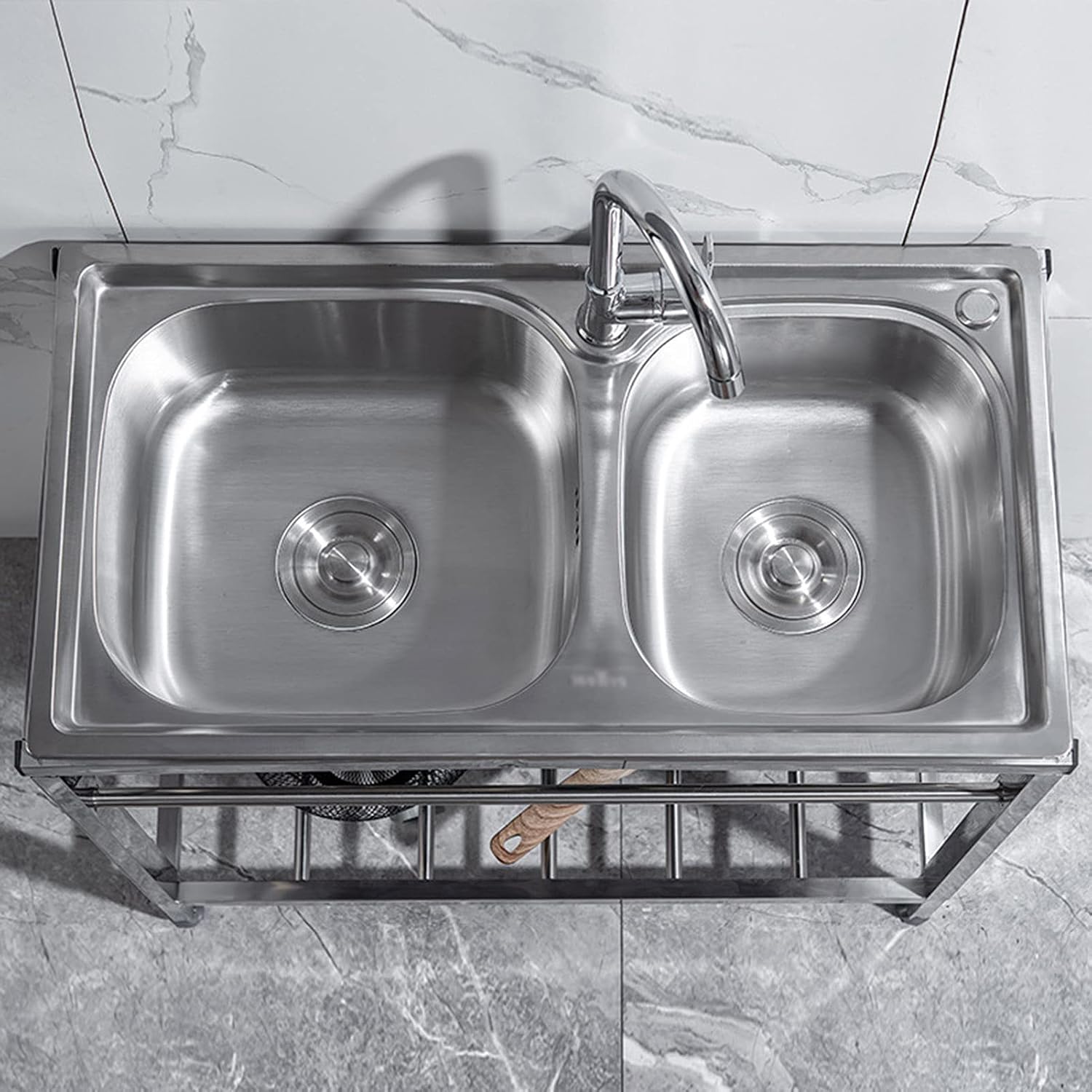Free Standing Movable Commercial Sink with Faucet and Drainage Kit, Stainless Steel Kitchen Double Bowl Sink for Outdoor Indoor Garage Laundry Utility Room Basement