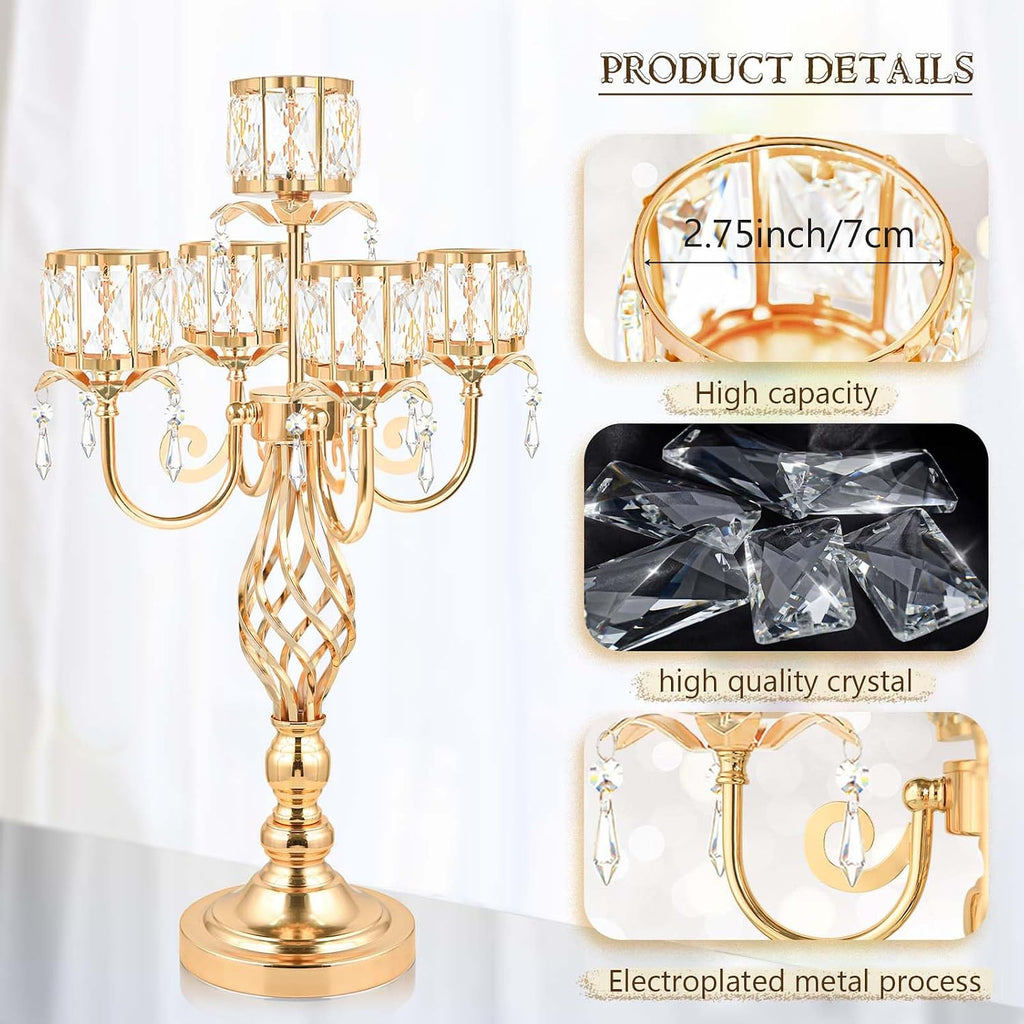 23.2 inch Tall Elegant and Chic 5 Arm Pendant Crystal Candlestick Holder Table Decoration tealight Candle Holder, Candelabra for Gorgeous Wedding/Parties Table Centerpiece (4, Gold)