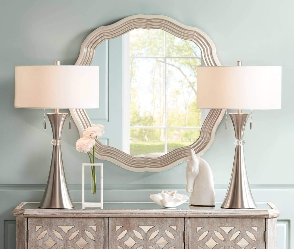 360 Lighting Rachel 28' Tall Concave Column Modern Table Lamps Set of 2 with Smart Sockets Pull Chain Silver Metal Living Room Bedroom Bedside Nightstand House Office Home Reading White Shade