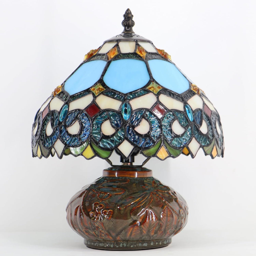 Small Tiffany Table Lamp, 10X10X11 Inch Mini Stained Glass Mushroom Desk Light Memory Sympathy Ceramic lamp (Sapphire Style)