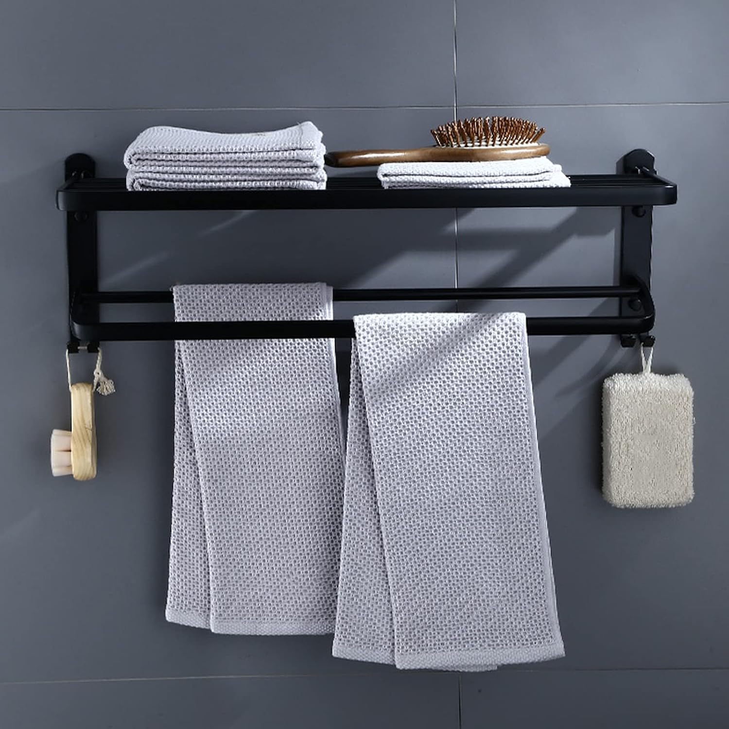 Bathroom Shelf Wall Floating Bathroom 24 Inch Bathroom Shelves Bathroom Shelf Double Towel Bar Holder with Hooks Wall Mounted Multifunctional Foldable No Drilling Floating Shelves Corner Shower Caddy