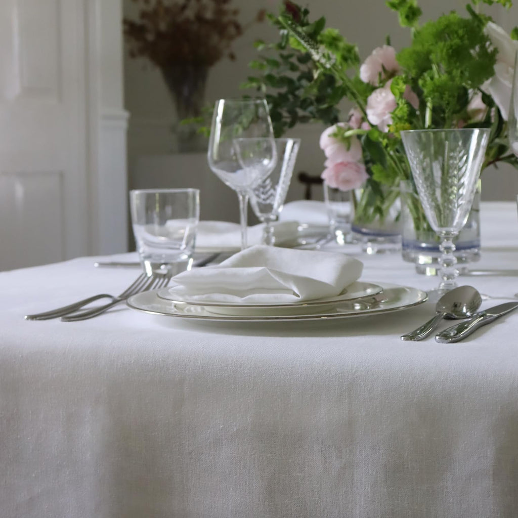 Huddleson White Oval Linen Tablecloth 67x104 Oval Table Cloth Luxury Italian Linen Sewn in US