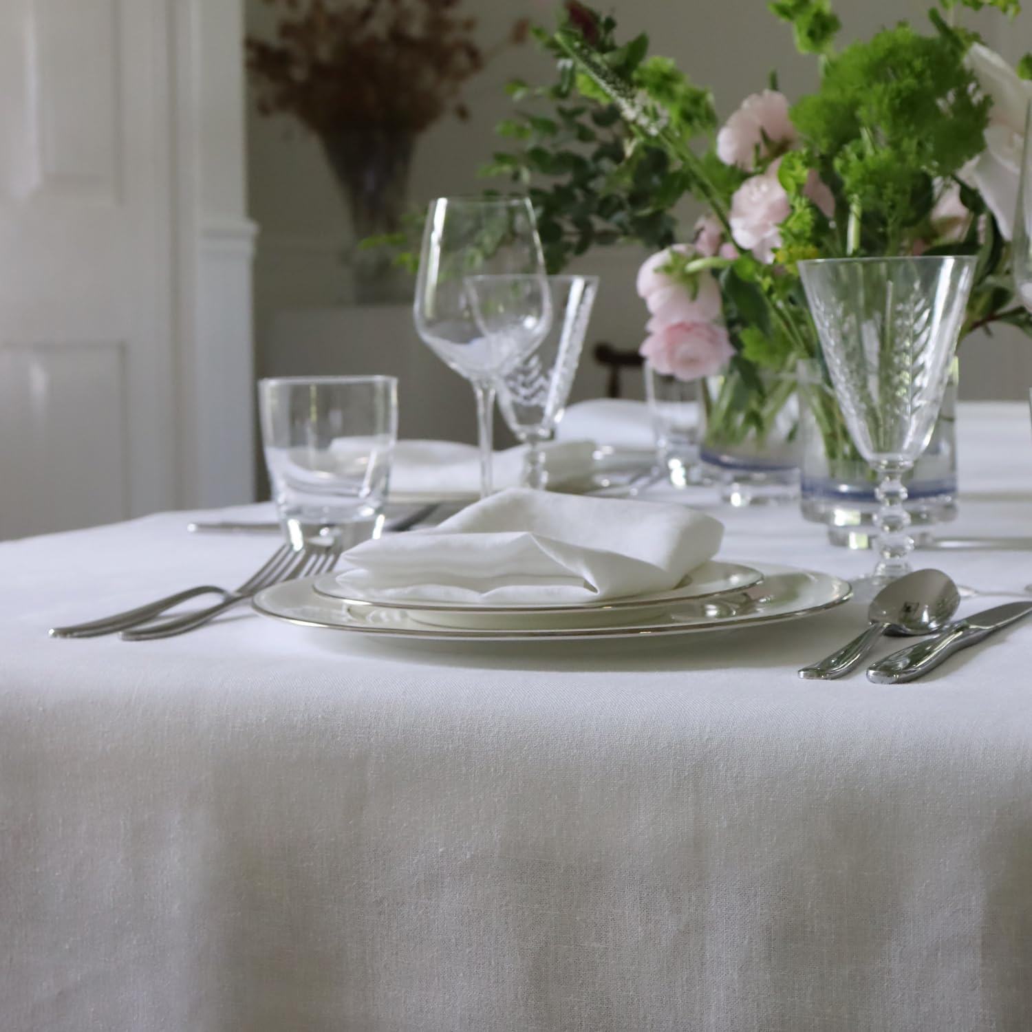 Huddleson White Square Linen Tablecloth 54x54 Square Table Cloth Luxury Italian Linen Sewn in US