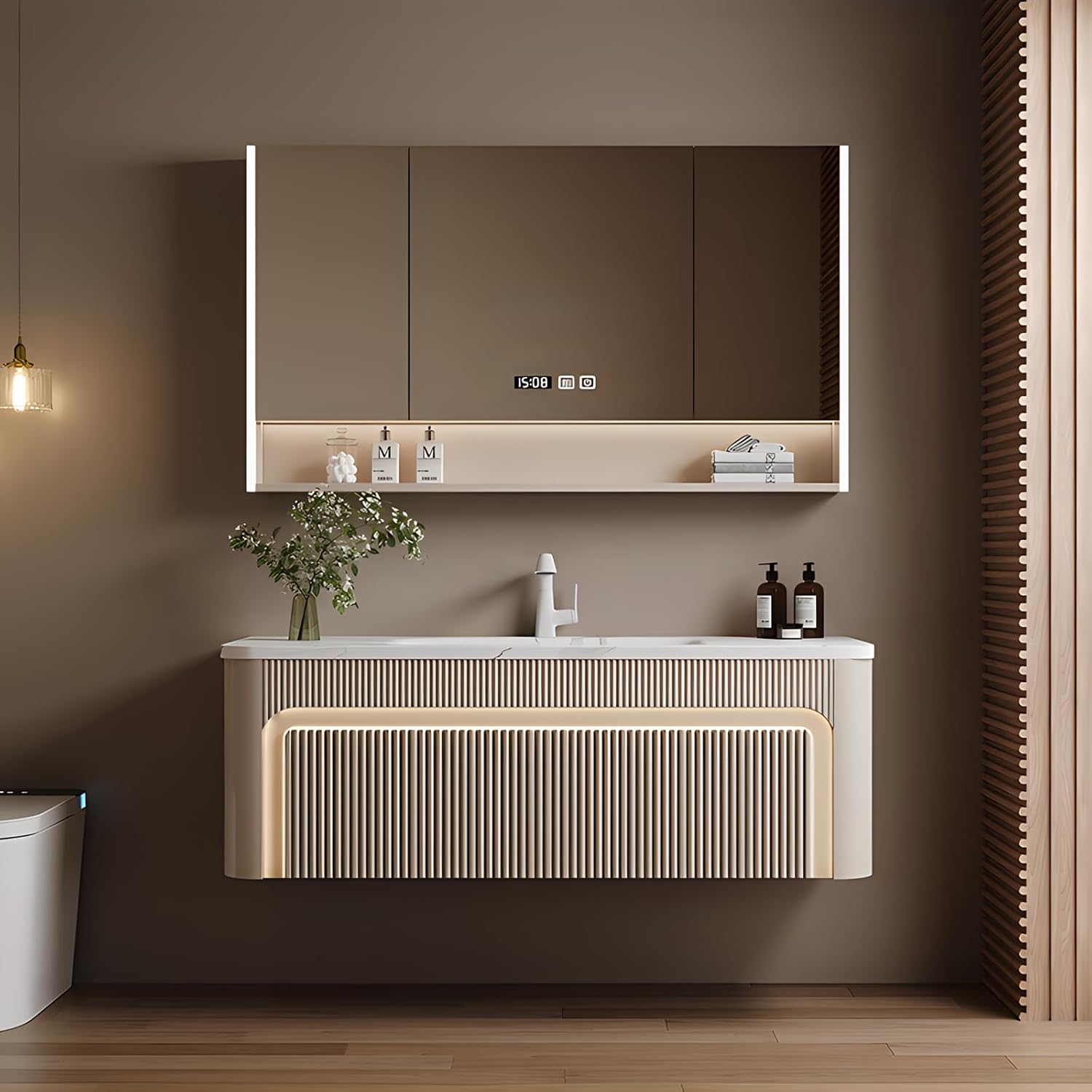 40 inch Bathroom Vanity, Elegant Floating Bathroom Vanity with Sink Smart Defog Mirror Cabinet and LED Strip Light, Solid Wood Modern Bathroom vanities with Large Storage Space,Milk Coffee Color